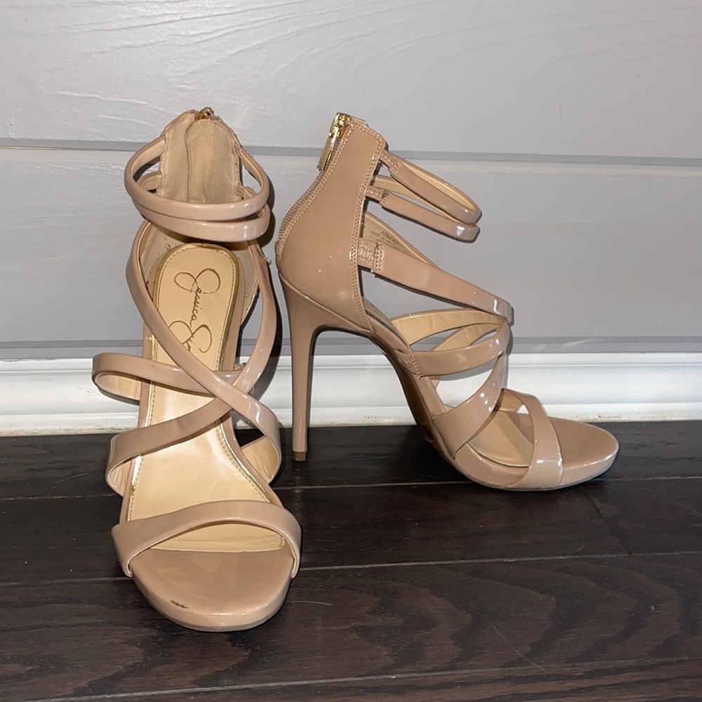 Jessica Simpson tan strapped stilettos